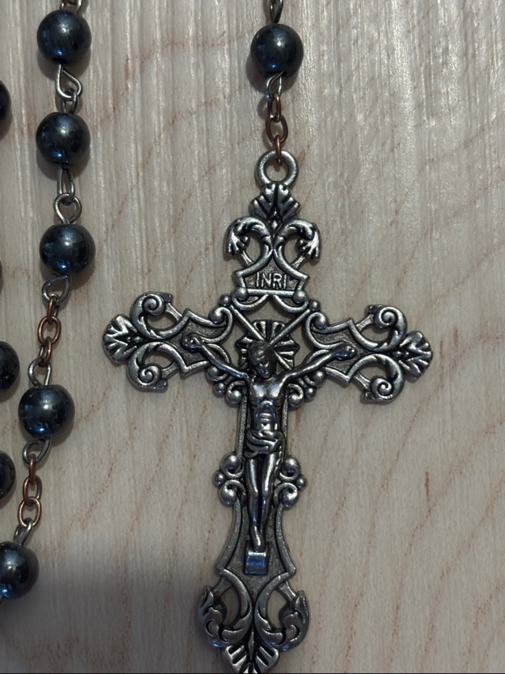 Antique Black Bead St. Padre Pio Rosary with Detailed Crucifix - Picture 2 of 8